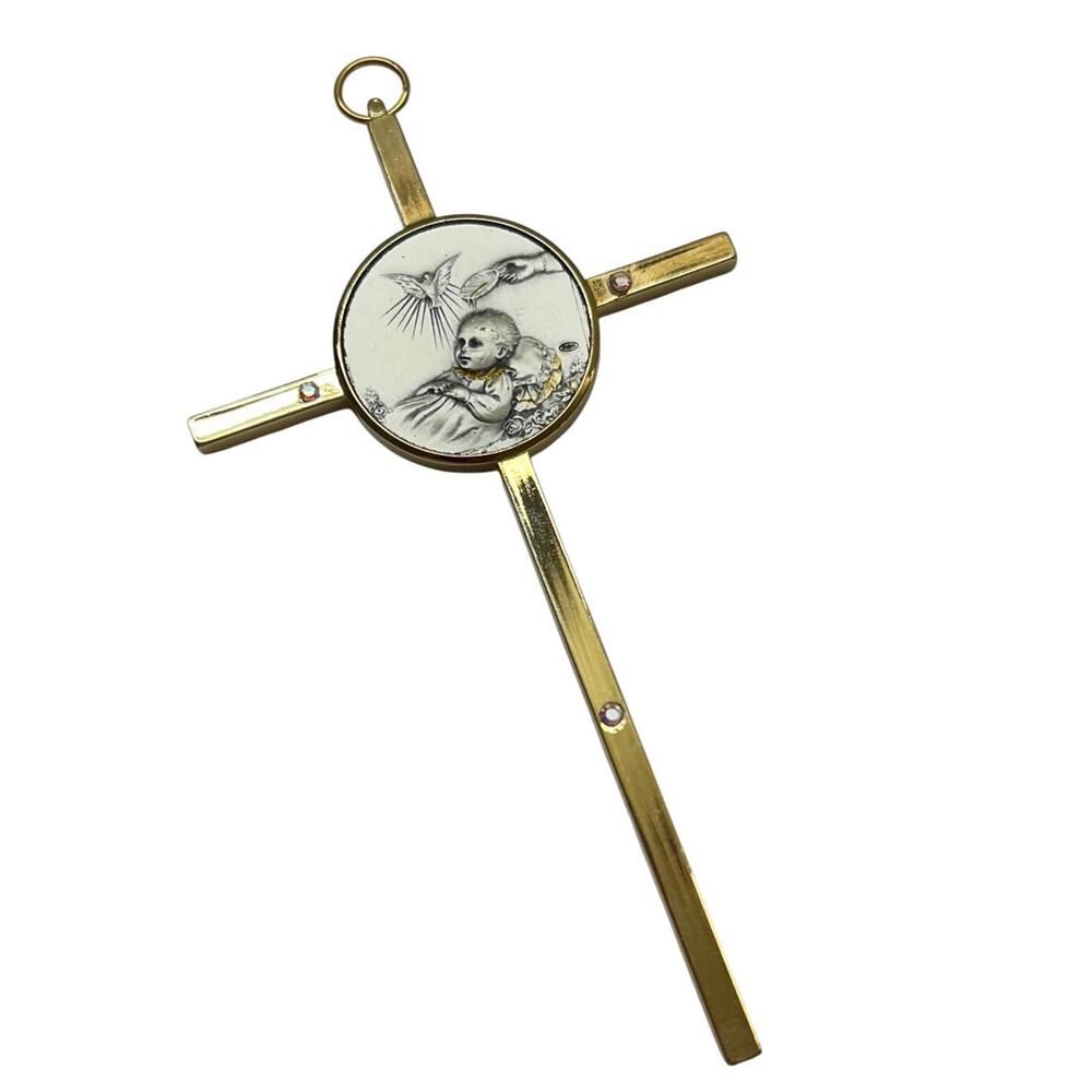 Goldtone Christening Cross Baptism Wall Hanging Baby Gift 5"